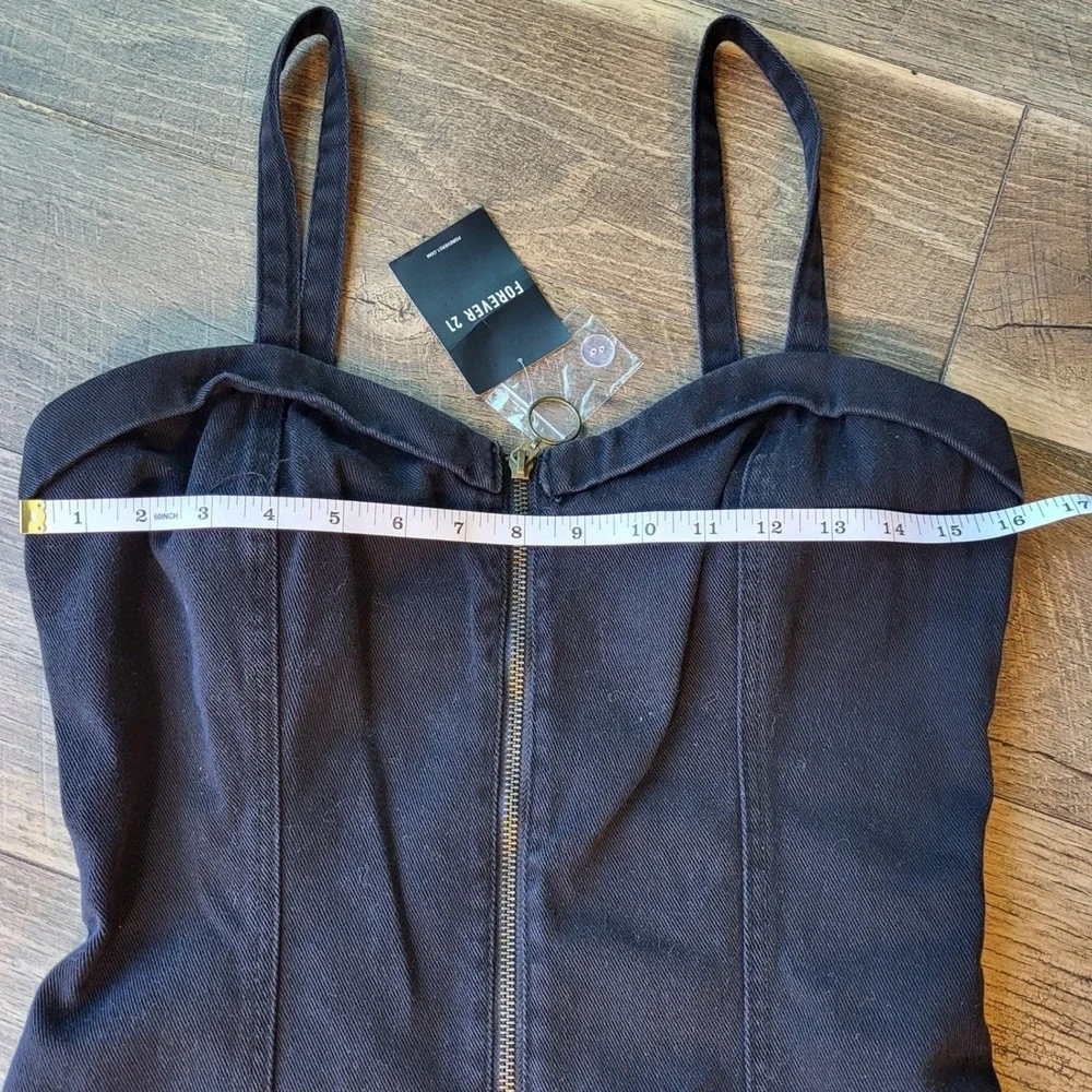 Forever 21 Black Denim Zip Up Mini Dress O-Ring Sweetheart Neckline Medium NWT